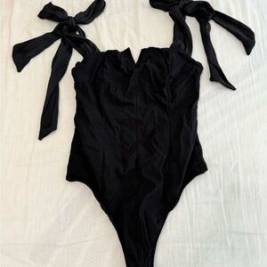 Free People Black Bodysuit with Self-tie Bow Straps